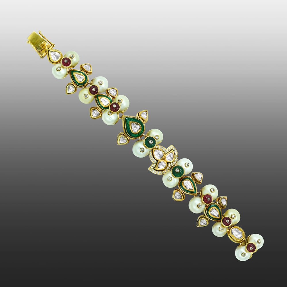 Polki Bracelet with Pearls and Enamel Floral Motifs